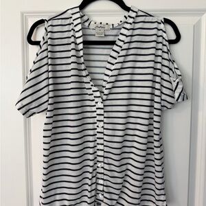 Women’s White and Navy Striped Cold-Shoulder Button-Front Top